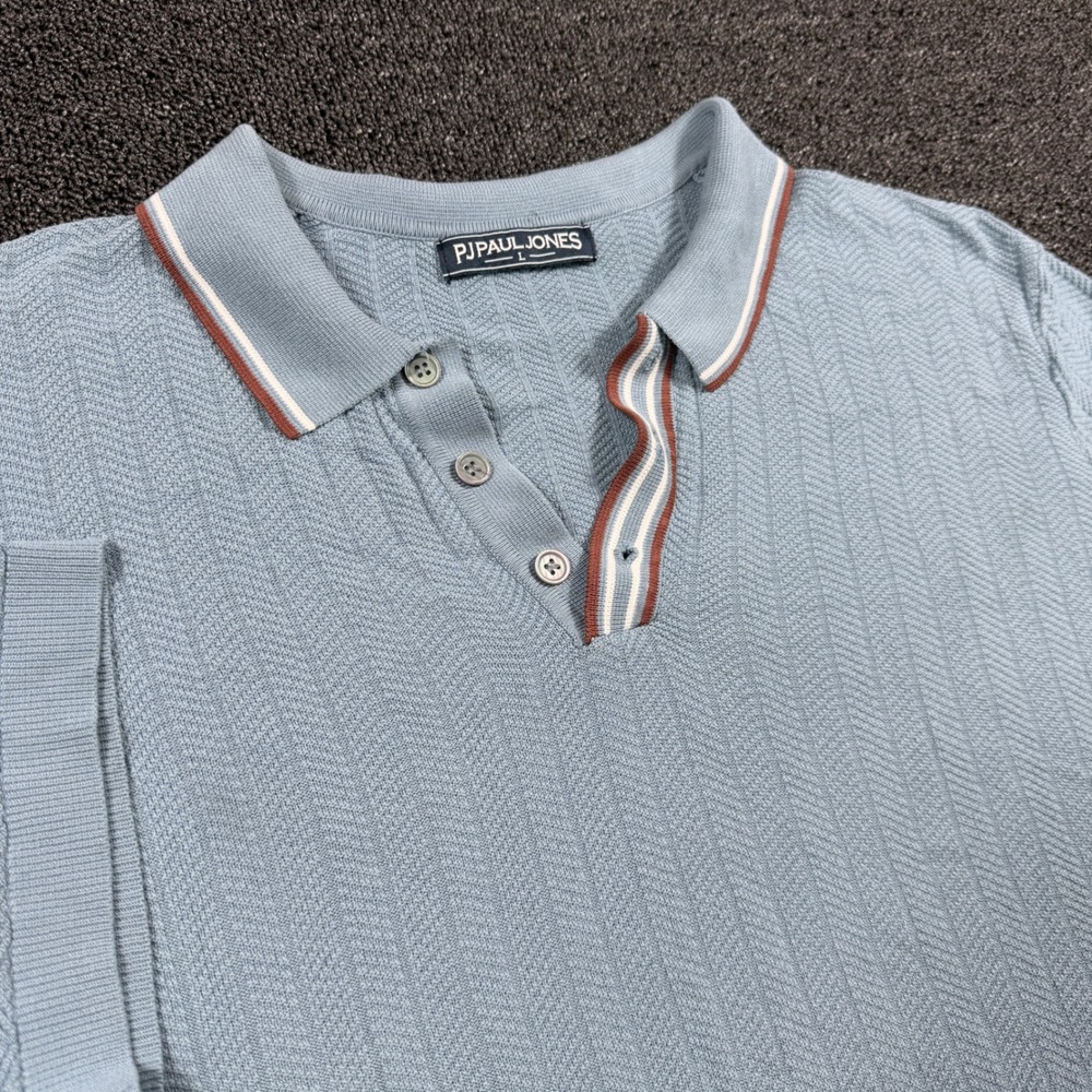 PJ Paul Jones Men's Large Knitted Polo Shirt Johnny Collar Light Blue Textured